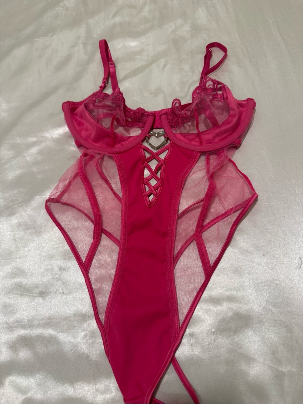 Roma Hot Pink Sheer Mesh Lace-Up Teddy with Heart Accent